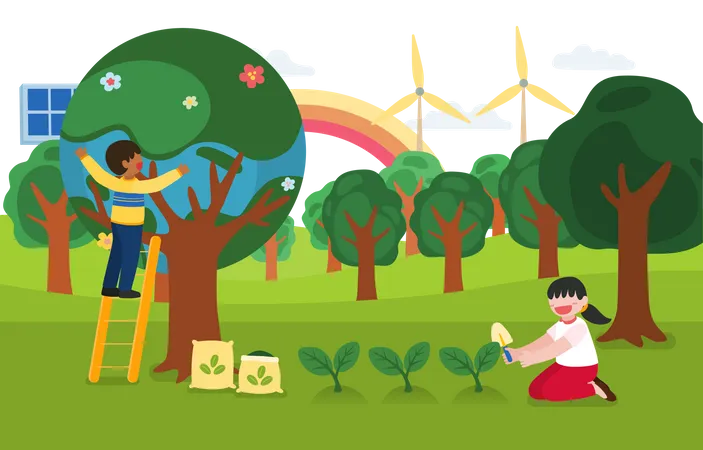 Kinder helfen der Ökologie, indem sie Bäume pflanzen  Illustration