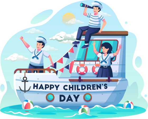 Kinder in Matrosenkostümen segeln mit einem Segelboot über das Meer  Illustration