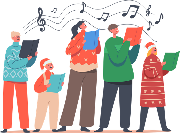 Kinder in Weihnachtsmannmützen und Strickpullovern singen Weihnachtslieder und halten Liederbücher in der Hand  Illustration