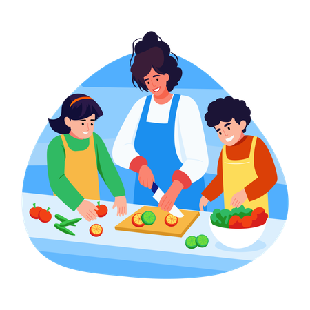 Kinder kochen mit Mutter  Illustration