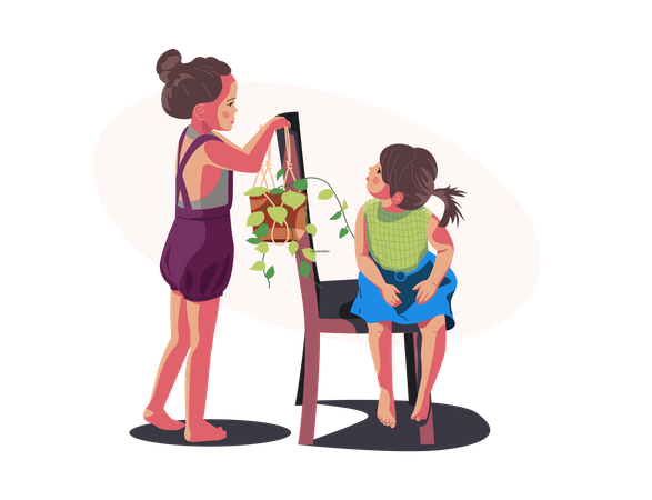 Kinder kümmern sich um Pflanzen  Illustration