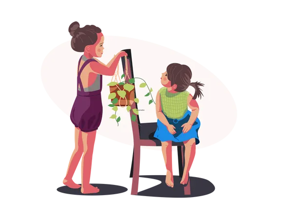 Kinder kümmern sich um Pflanzen  Illustration