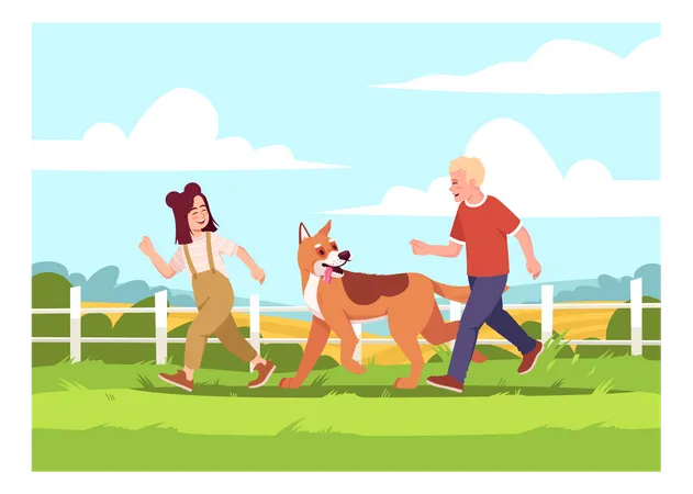 Kinder laufen mit Schäferhund  Illustration