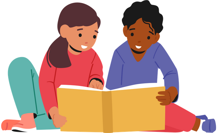 Kinder lernen gemeinsam anhand eines Buches  Illustration