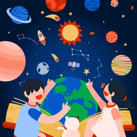 Kinder lesen Weltraumbuch  Illustration