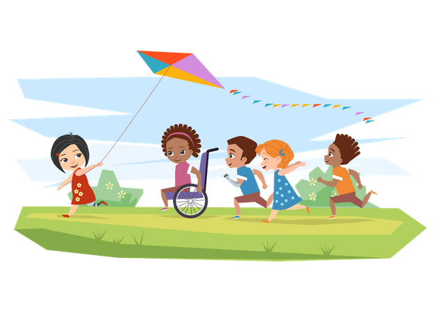 Kinder mit Behinderungen spielen miteinander  Illustration