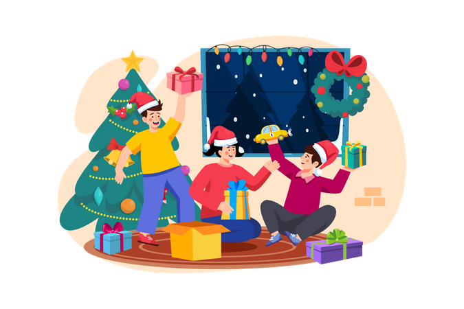 Kinder öffnen Weihnachtsgeschenke und freuen sich  Illustration