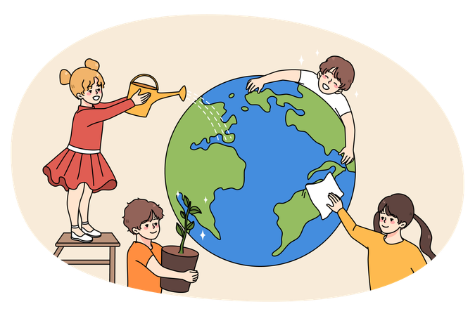 Kinder retten den Planeten Erde durch Reinigung und Bewässerung  Illustration