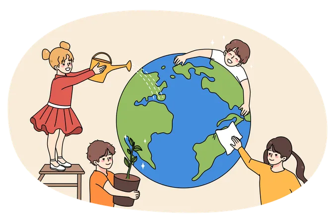 Kinder retten den Planeten Erde durch Reinigung und Bewässerung  Illustration