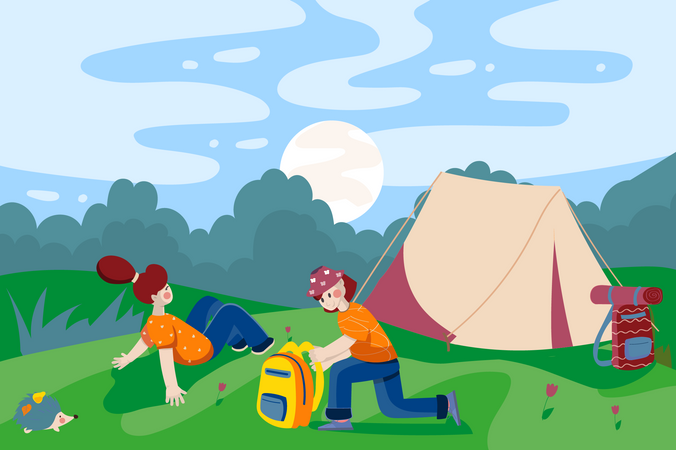 Kinder ruhen sich beim Sommercamping aus  Illustration