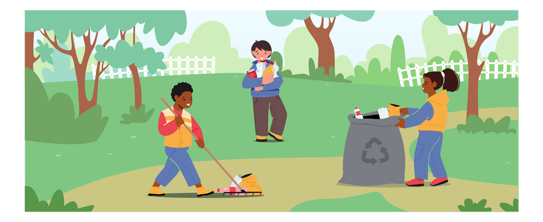Kinder sammeln Müll in Müllsack mit Recycling-Schild  Illustration