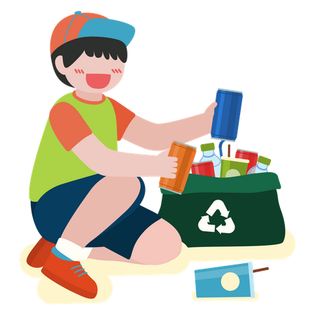 Kinder sammeln Plastikflaschen in Recyclingbeutel  Illustration