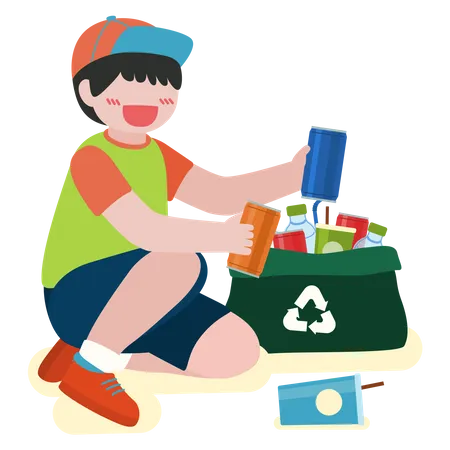 Kinder sammeln Plastikflaschen in Recyclingbeutel  Illustration