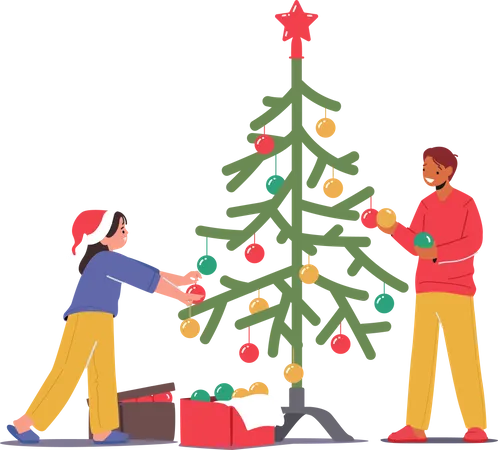 Kinder schmücken gemeinsam den Weihnachtsbaum  Illustration