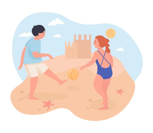 Kinder spielen Fußball am Strand  Illustration