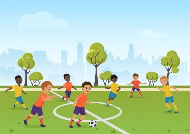 Kinder spielen Fußball im Park  Illustration