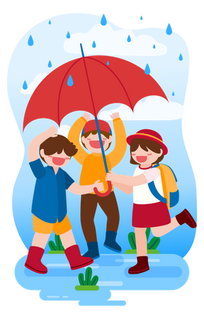 Kinder spielen im Regen vor dem Haus  Illustration