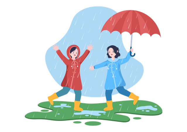 Kinder spielen im Regen  Illustration