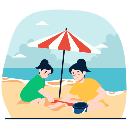 Kinder spielen im Sand am Strand  Illustration