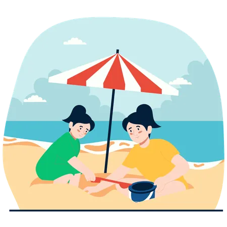 Kinder spielen im Sand am Strand  Illustration