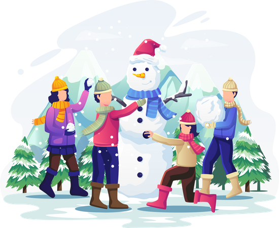 Kinder spielen im Schnee und bauen einen Schneemann  Illustration