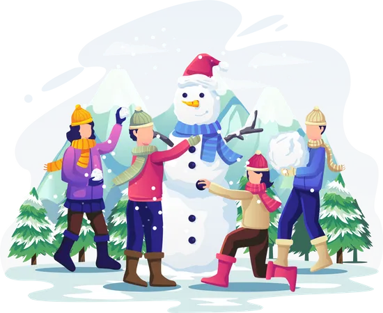 Kinder spielen im Schnee und bauen einen Schneemann  Illustration