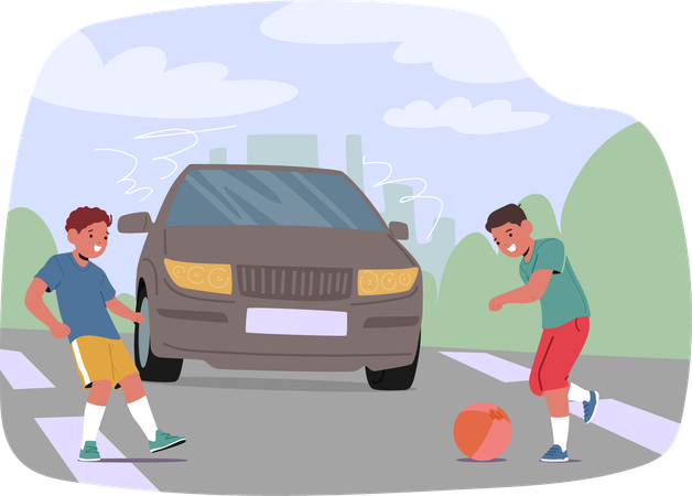 Kinder spielen mit Ball in der Nähe der Straße, während sich ein Auto nähert  Illustration