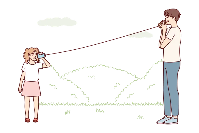 Kinder spielen mit einem Schnurtelefon aus Pappbechern  Illustration