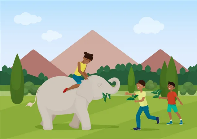 Kinder spielen mit Elefantenbaby  Illustration