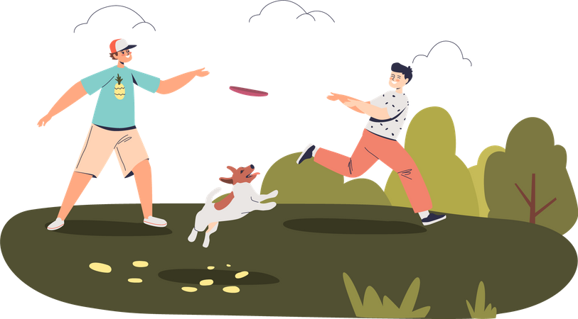 Kinder spielen mit Hund im Park  Illustration