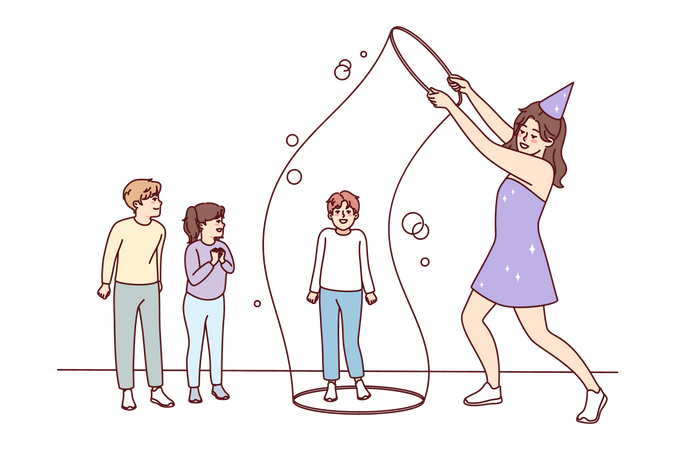 Kinder spielen mit riesigen Seifenblasen  Illustration