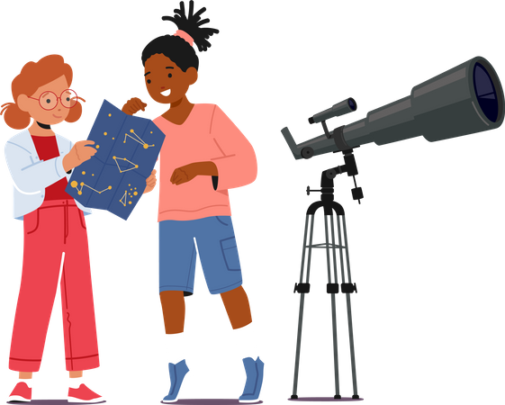 Kinder studieren Astronomie beim Blick durch ein Teleskop  Illustration