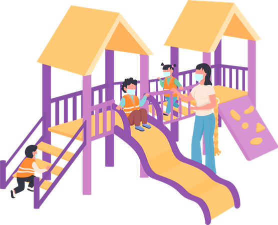 Kinder und Babysitter mit medizinischer Maske auf dem Spielplatz  Illustration