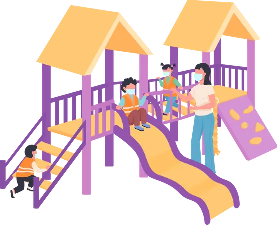 Kinder und Babysitter mit medizinischer Maske auf dem Spielplatz  Illustration