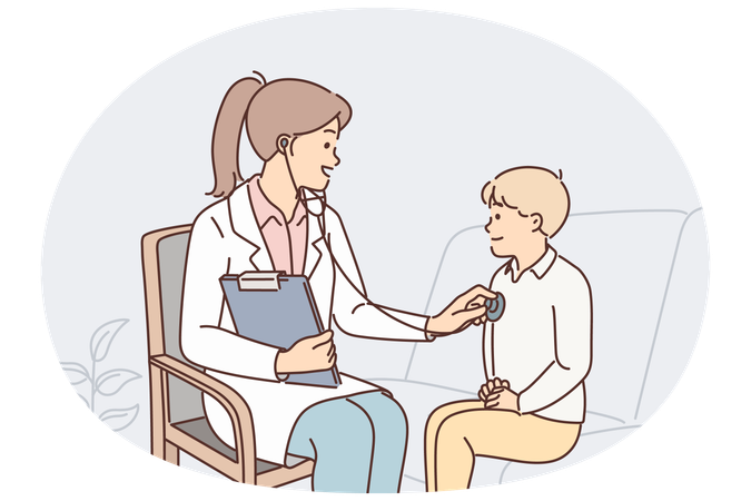 Kinderärztin hört bei Vorschuluntersuchung mit Stethoskop den Herzschlag ihres Kindes ab  Illustration
