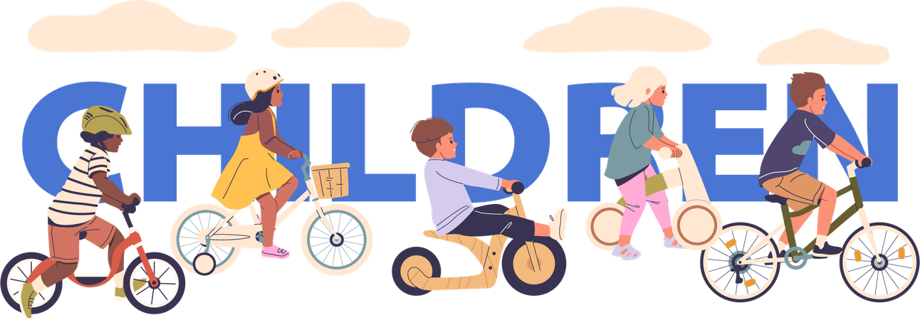 Kindern, Charaktere, Fahren, Fahrräder, Und, Motorroller  Illustration