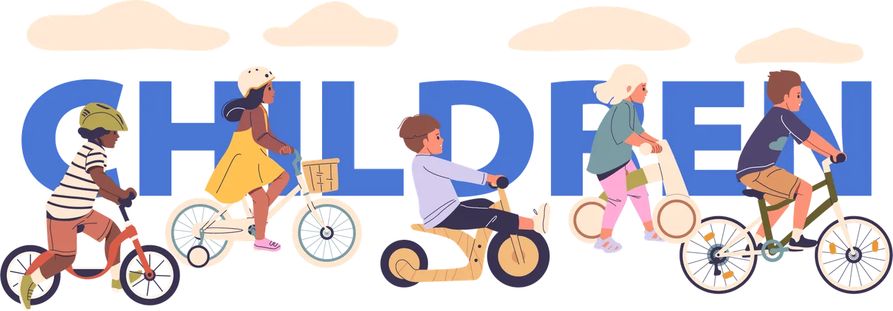 Kindern, Charaktere, Fahren, Fahrräder, Und, Motorroller  Illustration