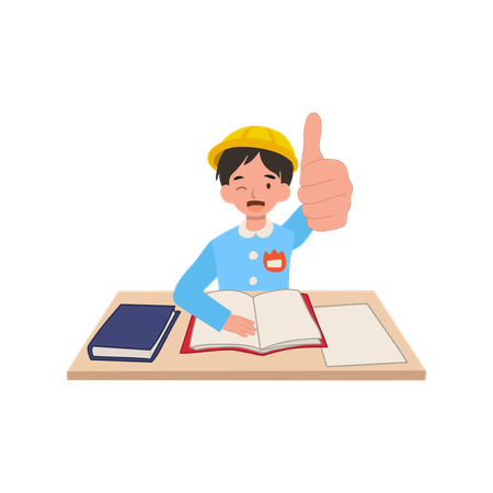 Kindergarten boy in school uniform giving thumbs up in cheerful classroom  Illustration