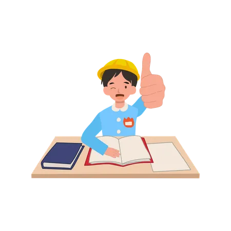 Kindergarten boy in school uniform giving thumbs up in cheerful classroom  Illustration