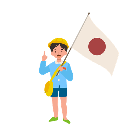 Kindergarten boy in school uniform holding japanese flag introducing japanese culture traditions  Illustration