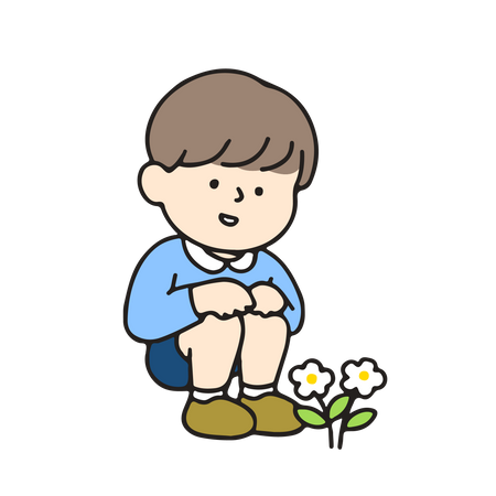 Kindergarten boy looking at a flower  イラスト