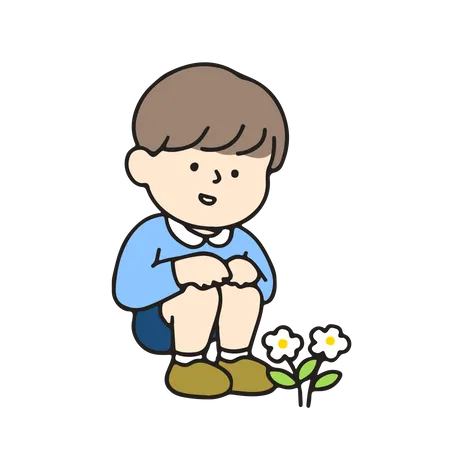 Kindergarten boy looking at a flower  Illustration