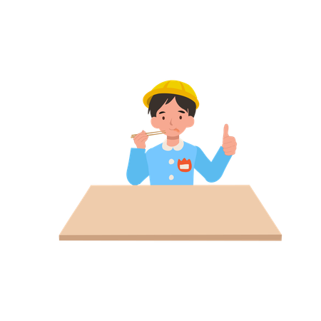 Kindergarten boy sitting at desk enjoying meal with chopsticks and thumbs up  Illustration