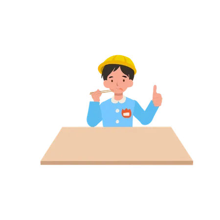 Kindergarten boy sitting at desk enjoying meal with chopsticks and thumbs up  Illustration