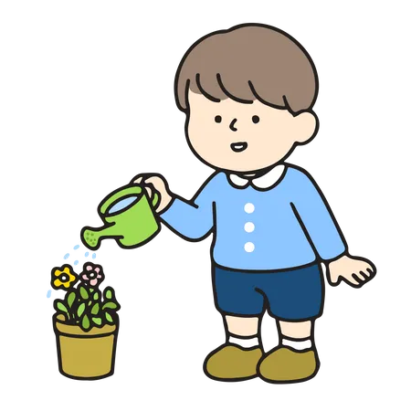 Kindergarten boy watering a flower  イラスト