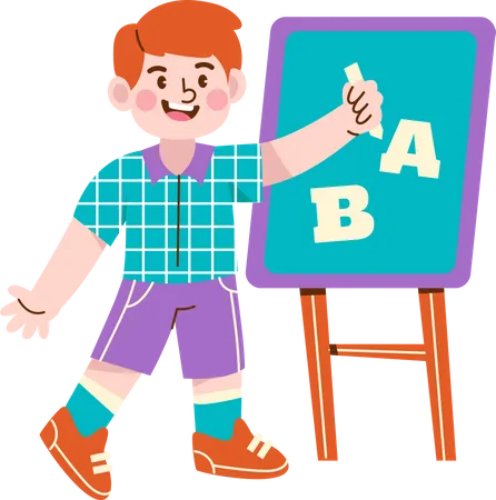 Kindergarten boy writing letters on board  Illustration