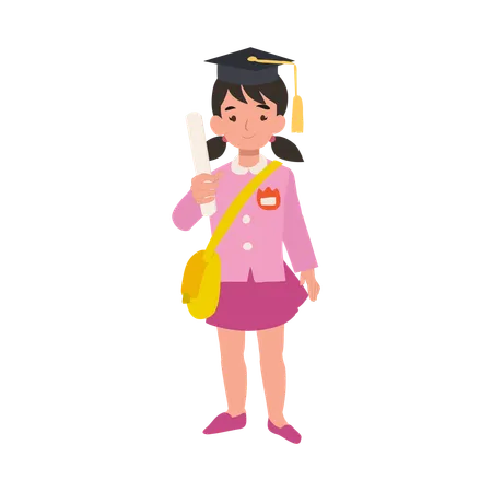 Kindergarten girl holding graduation certificate in school uniform celebrating educational achievement  Illustration