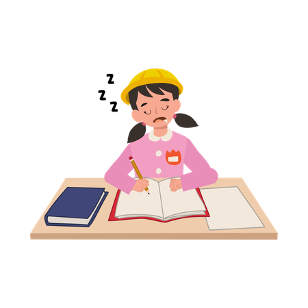 Kindergarten Girl in Japanese Uniform Sleeping at Desk in Classroom  Illustration