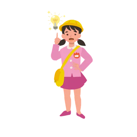 Kindergarten girl in school uniform having a light bulb moment thinking creative idea  Illustration