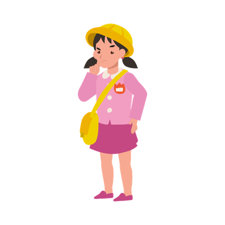 Kindergarten girl in school uniform thinking seriously  focused on studying and learning  Illustration